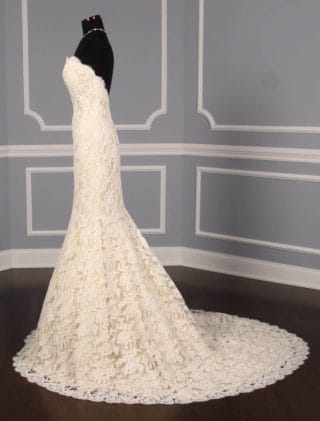This beautiful Ines Di Santo Manye wedding dress is New!  The French Alencon Lace is absolutely amazing in person!  The lace is ivory and the taffeta lining is antique ivory, which is a warm ivory.  This Manye lace wedding gown is strapless with a sweetheart neckline, a trumpet / mermaid silhouette and a chapel train.  Such a timeless and classic style wedding gown! 