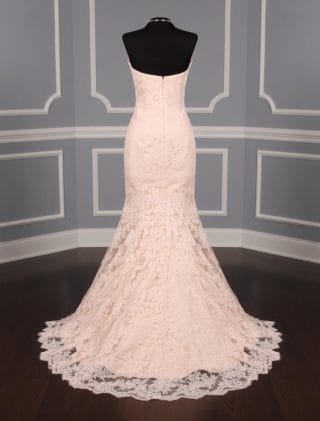 This exquisite, lace Romona Keveza Legends L7125 wedding dress is Brand New!  The blush color French Alencon lace is so pretty in person!  This strapless wedding gown has a sweetheart neckline and a trumpet silhouette that flows into a chapel train.