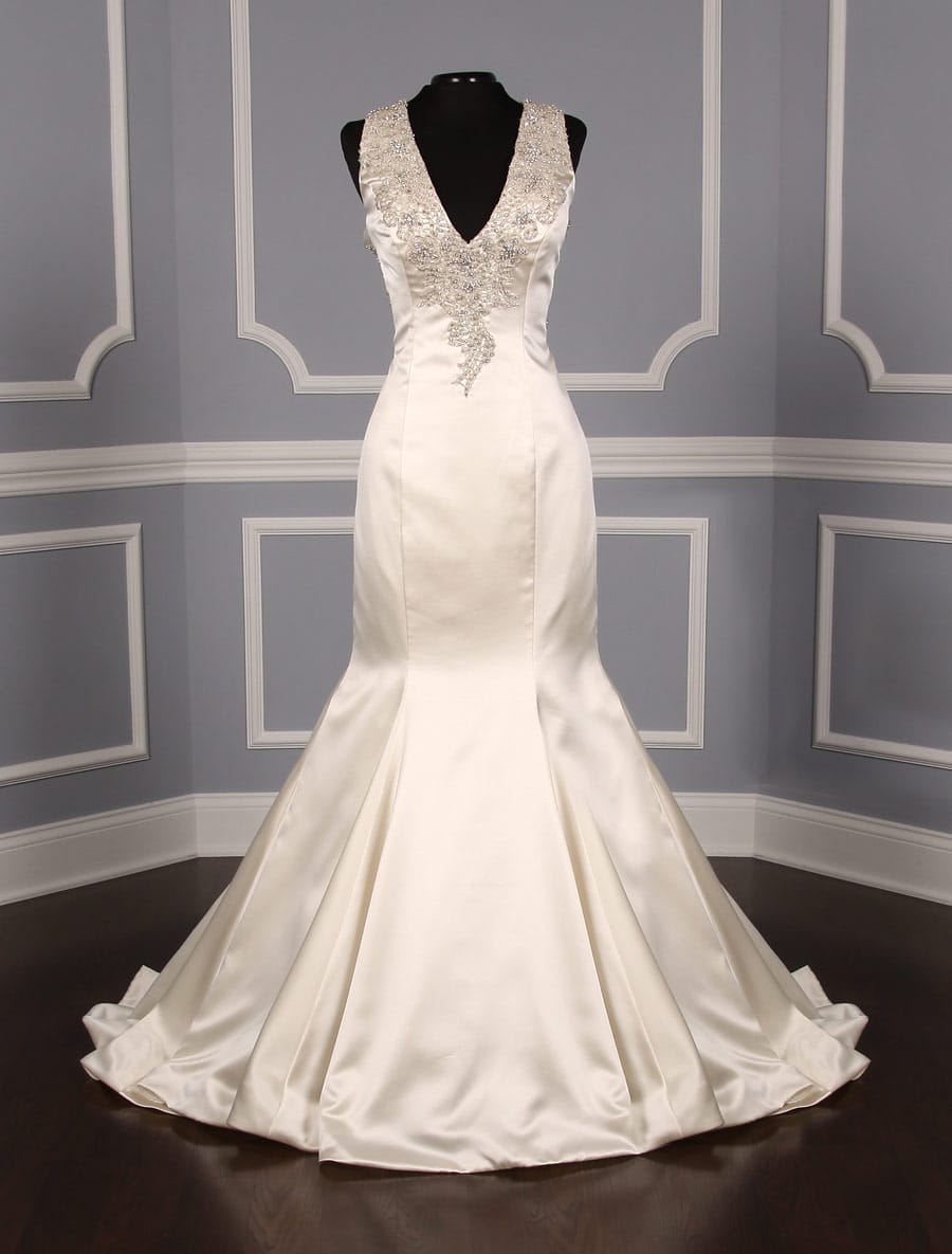 This Allure Bridal 9219 wedding dress is Brand New! The beading on the front and back of this elegant bridal gown is stunning! This Allure Bridal wedding dress is made from luxurious, buttery soft, ivory satin fabric. This satin wedding dress is sleeveless with a v-neck, a keyhole back and a fitted trumpet mermaid silhouette. Extremely elegant and chic! #weddingdressideas #weddingdressshopping #bridalgowns