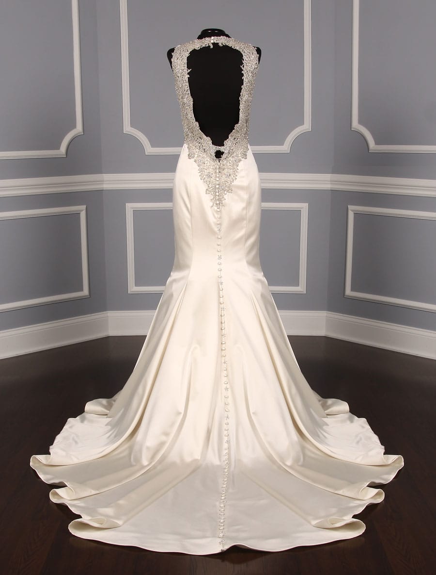 This Allure Bridal 9219 wedding dress is Brand New! The beading on the front and back of this elegant bridal gown is stunning! This Allure Bridal wedding dress is made from luxurious, buttery soft, ivory satin fabric. This satin wedding dress is sleeveless with a v-neck, a keyhole back and a fitted trumpet mermaid silhouette. Extremely elegant and chic! #weddingdressideas #weddingdressshopping #bridalgowns #weddingdressesmermaid