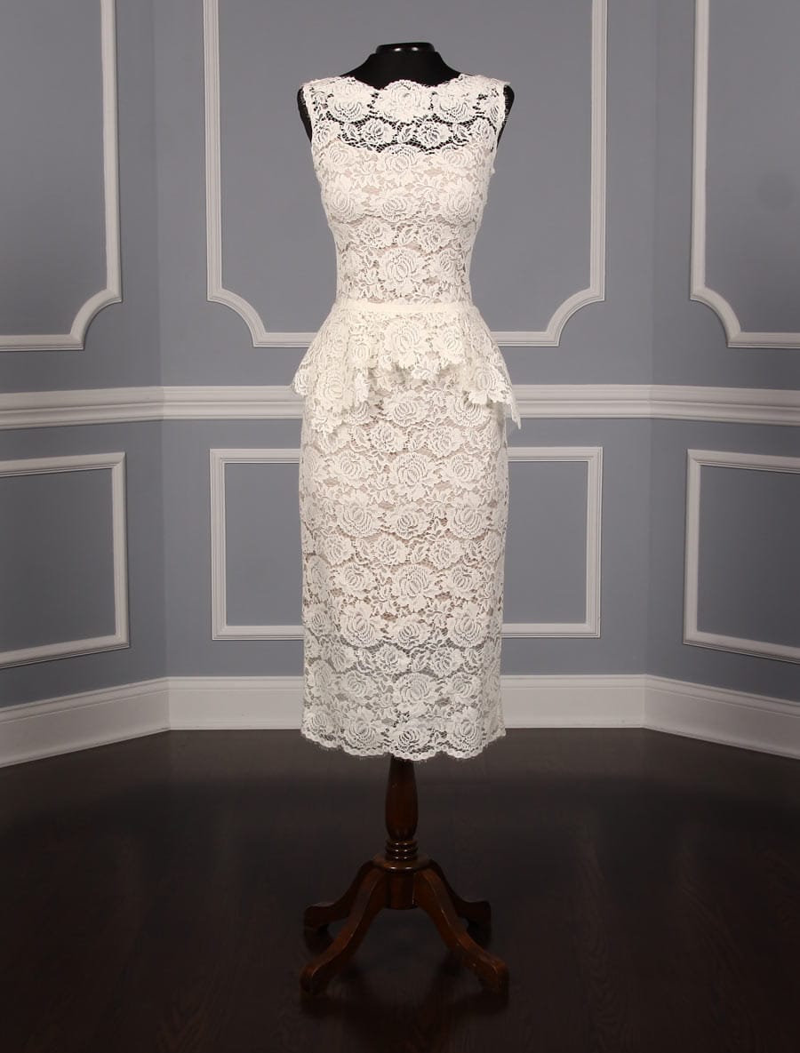 This beautiful Nha Khanh Hana wedding dress is Brand New!  It is made from gorgeous ivory lace with a nude color lining.  This tea length dress is sleeveless with a bateau neckline, a v-back and a sheath silhouette.  A hand trimmed lace peplum is just below the waist.  You could wear this lace dress for your bridal shower, rehearsal dinner, reception, destination wedding, courthouse wedding or any type of wedding venue!  An easy dress to pack for traveling.  It is a great cocktail party dress also.