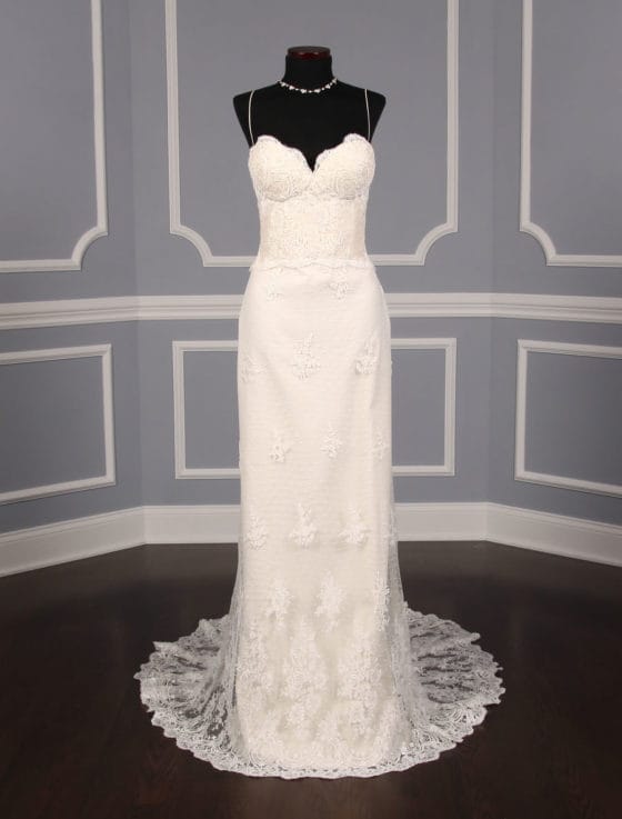 This Romona Keveza Legends L6100 wedding dress is Brand New!  The gown is gorgeous and ethereal!  It is made from beautiful Point D'Alencon Lace.  If you prefer, this gown could easily be made strapless by your local professional bridal seamstress.  This Romona Keveza Legends wedding gown has a corset like bodice, a sheer low back, a sheath silhouette and a chapel train.  You will definitely 'wow' your guests as you walk down the aisle in this stunning couture creation!