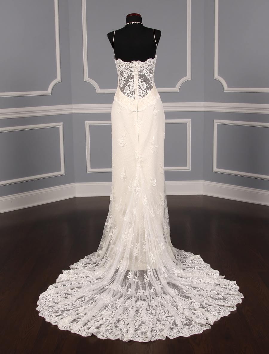 This Romona Keveza Legends L6100 wedding dress is Brand New!  The gown is gorgeous and ethereal!  It is made from beautiful Point D'Alencon Lace.  If you prefer, this gown could easily be made strapless by your local professional bridal seamstress.  This Romona Keveza Legends wedding gown has a corset like bodice, a sheer low back, a sheath silhouette and a chapel train.  You will definitely 'wow' your guests as you walk down the aisle in this stunning couture creation!