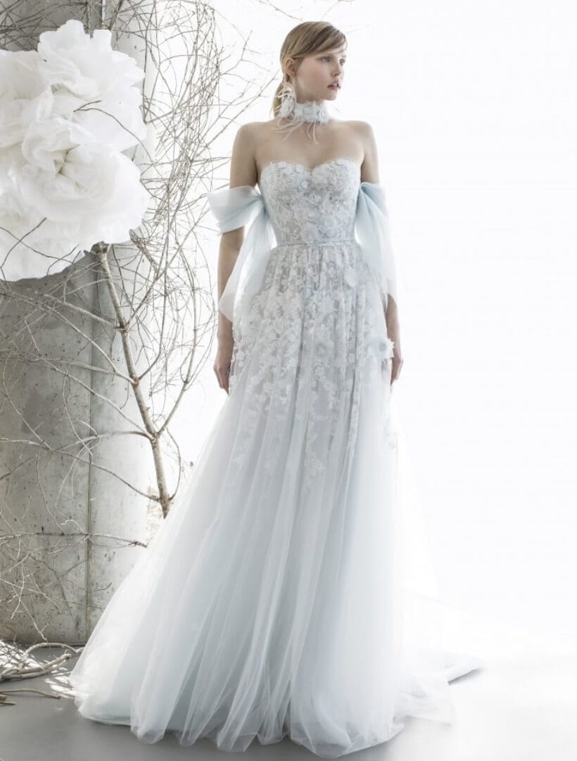 Mira Zwillinger Skye Wedding Dress Blue Sweetheart Strapless Ballgown on Model